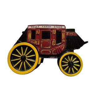Vintage Wells Fargo Bank Stagecoach Coin Bank Die Cast Red Yellow Black no key